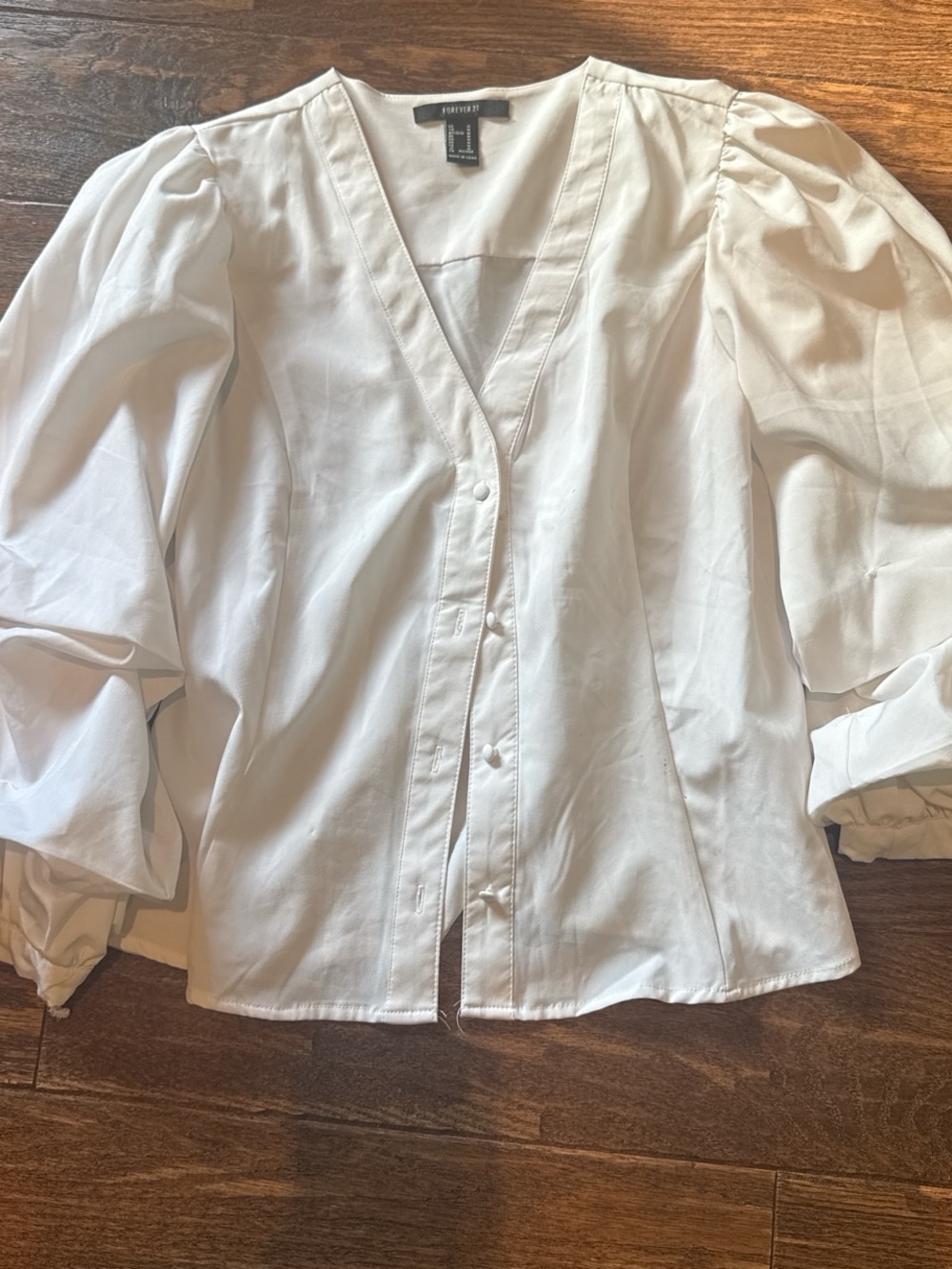 Forever  White Puff-Sleeve V-Neck Button Front Shirt
